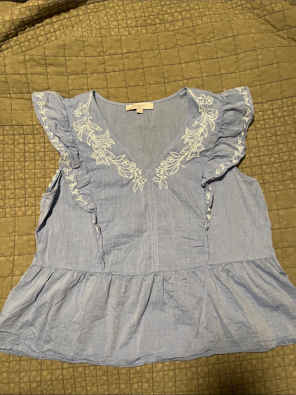 LOFT Light Blue Sleeveless Embroidered Peplum Tank